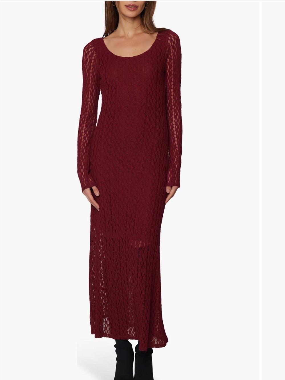 Lost + Wander Sistine Tale Long Sleeve Open Stitch Maxi Dress in Merlot M